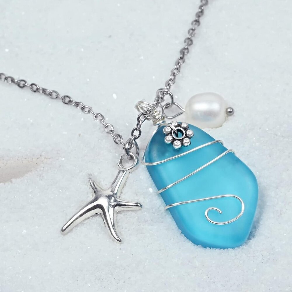 Sea Glass Necklace Handmade Blue Beach Jewelry Adjustable Gift for Women - Picture 3 of 6